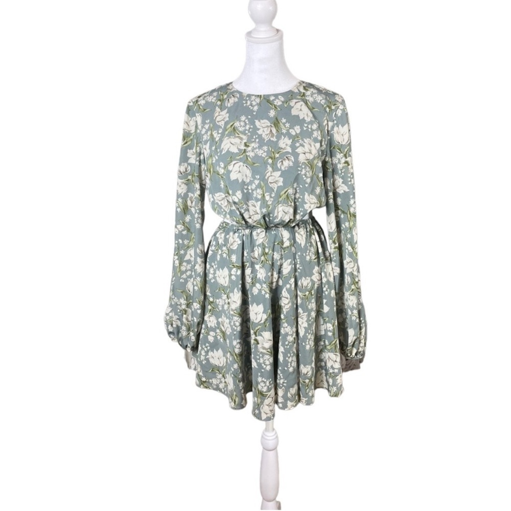 NWT Lulus First Blooms Dusty Blue Floral Print Long Sleeve Cutout Dress XL Mini - Picture 6 of 11